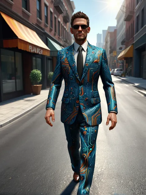 A man walking down the street in a crazy business suit(masterpiece:1.2), Highest quality, (Super detailed, Most detailed:1.2), High resolution textures