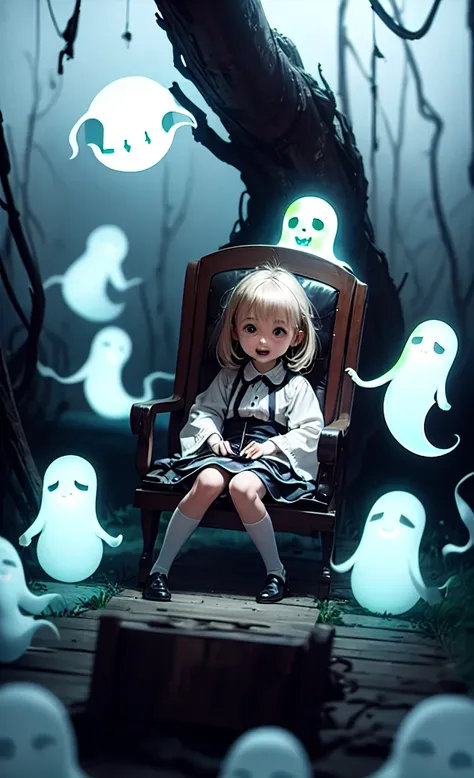 masterpiece, Highest quality,  Explore a haunted theme park, haunted by cute chibi ghosts, cute, Whimsical, Shine, Shineing, fun, Stupid, Mysterious, Magic, Mysterious, funny, interesting、Only ghosts