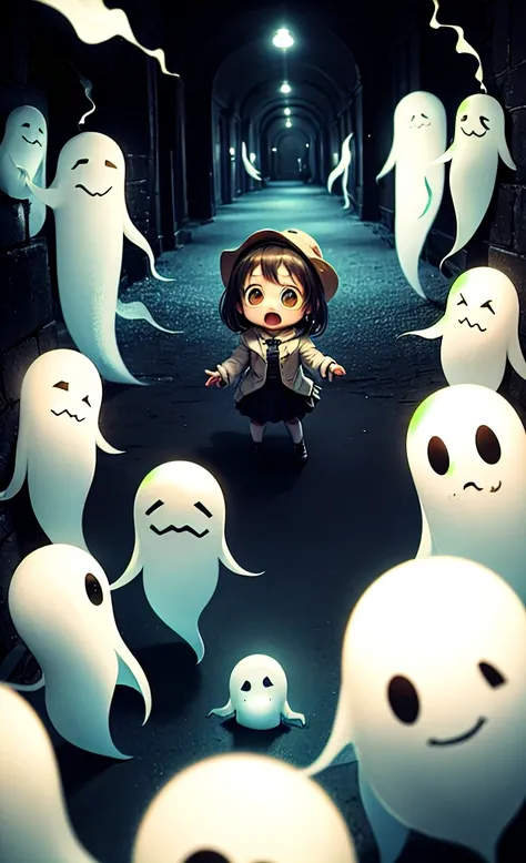 masterpiece, Highest quality,  Explore a haunted theme park, haunted by cute chibi ghosts, cute, Whimsical, Shine, Shineing, fun, Stupid, Mysterious, Magic, Mysterious, funny, interesting、Only ghosts