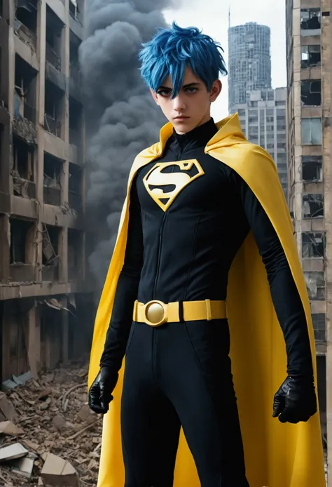 15 year old male with blue hair and black eyes., He wears a black superhero costume resembling a spy outfit and has a tattered yellow cape., A shadowy aura appeared behind him., He climbed back up the building and watched the city crumble., anime, novel co...