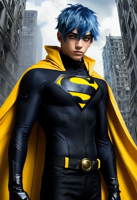 15 year old male with blue hair and black eyes., He wears a black superhero costume resembling a spy outfit and has a tattered yellow cape., A shadowy aura appeared behind him., He climbed back up the building and watched the city crumble., anime, novel co...