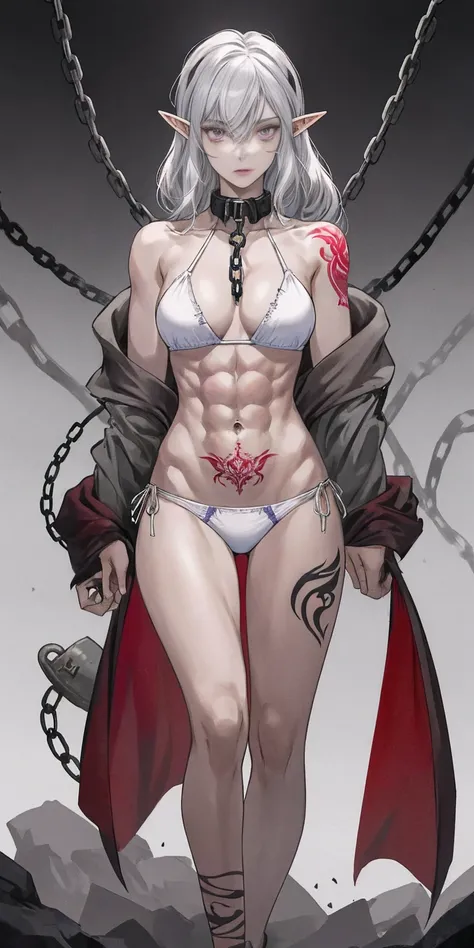 ((1woman)) Whole body, standing, gray skin, drow, elf, 1 girl, maduro, purple eyes, by white, black bikini, ABS, Large knockers, tattered rags, chain collar, stomach tattoo (red tattoo)