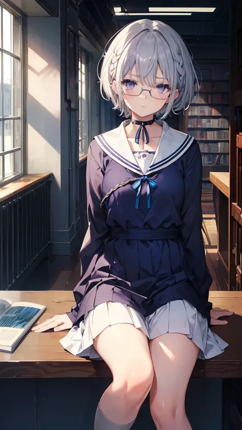 High resolution,high resolution,Girl,(Braiding,Gray Hair,Short Hair,Blue accent color),Purple Eyes,Slanted Eyes,Bad mood,boyish,slender,glasses,sit,Sailor suit,library,,choker,,