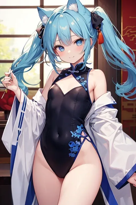 Blue Hair，blue eyes，Cat ears，girl，Girl，Small breasts，Long Hair，Twin tails，Lolita，Small breasts，Bright smile，Looks like 13 years old，Petan Musume，short，目のhighlight，Sexy thighs，Attractive thighs，Please show me your armpits，Your eyes are so beautiful，highligh...