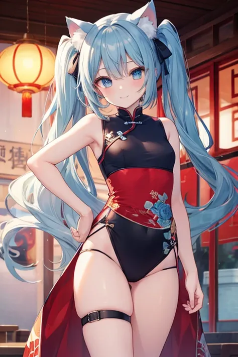 Blue Hair，blue eyes，Cat ears，girl，Girl，Small breasts，Long Hair，Twin tails，Lolita，Small breasts，Bright smile，Looks like 13 years old，Petan Musume，short，目のhighlight，Sexy thighs，Attractive thighs，Please show me your armpits，Your eyes are so beautiful，highligh...