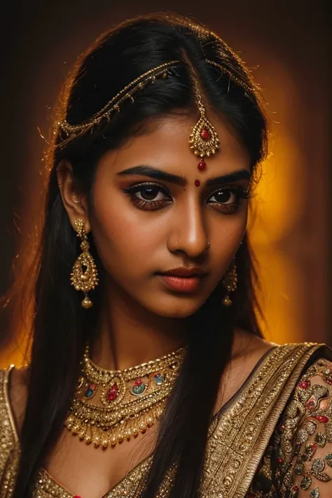 a detailed portrait of an attractive Indian girl, beautiful detailed eyes, extremely detailed face, longeyelashes, intricate ornate jewelry, detailed colorful traditional indian dress, dramatic lighting, cinematic composition, vivid colors, photorealistic,...