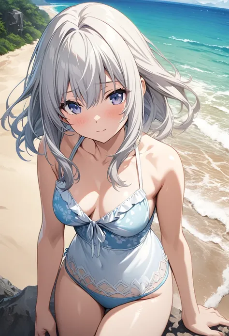 ((masterpiece)), ((Highest quality)), ((High resolution)), ((Highly detailed CG Unity 8k wallpaper)), alone, Tachibana Sonata, Swimwear, Outdoor, face, curtained hair, Beach, Parted hair, Silver Hair