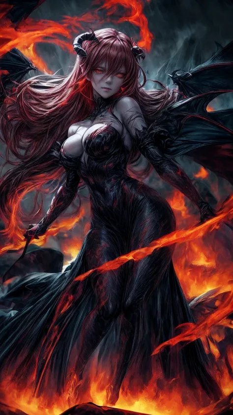 Storyboard, masterpiece, highest quality, dragonlady queen, perfect demoness, long legs, hourglass fugure, bright red glowing eyes, detailed eyes (1.4), scars on face, villainous expression, flaming skin body with bioluminescent glowing pattern, ready for ...