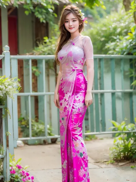 1 girl, Burmese girls, Standing in front of the house, hair, Full HD, Natural light, born, Natural shairin, Light Smile, Full body view, Portrait Pose, Perfect body and beast, flowers bachairground,  Masterpiece, Realistic, detailed, Portrait Photography, ...