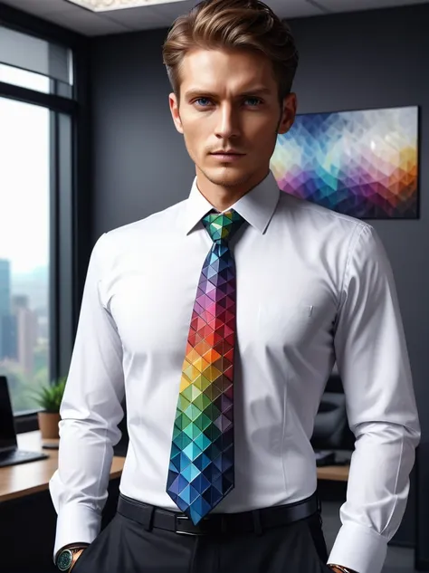 colorful mad triangle tie and white shirt in the office、man in black suit(masterpiece:1.2), highest quality, (ultra-detailed, mo...