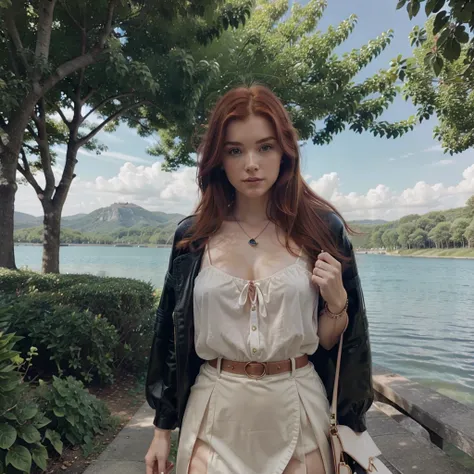 Gorgeous redhead woman with a wonderful face ,a magnificent outfit from the Louis Vuitton brand,magnificent Louis Vuitton jewelry and a lake background 