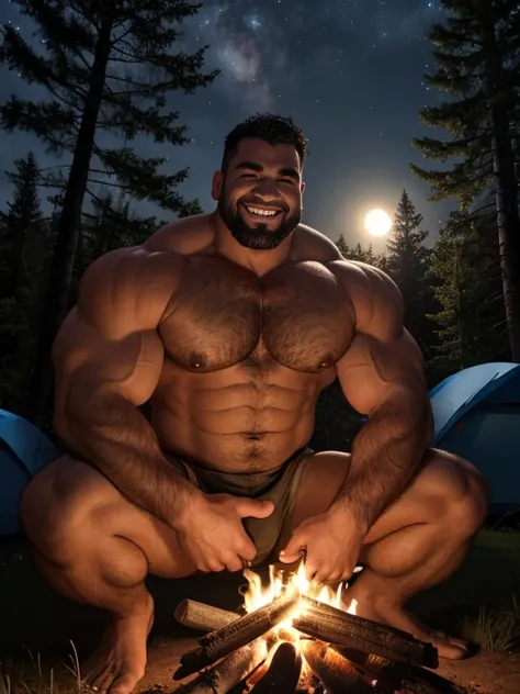 Masterpiece, Best Quality, High resolution, (1 chico:1.4), male focus, tanned skin, 38-year-old man in forest, muscular, strong, furry, masculine, in the forest, night time, warm lighting, HDR, (GS-Macho :1.5), thick forearms, thick arms, huge thighs, char...