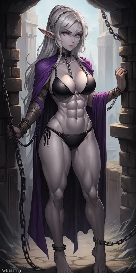 ((1woman)) Whole body, standing, gray skin, drow, elf, 1 girl, maduro, purple eyes, by white, black bikini, ABS, Large knockers, tattered rags, chain collar