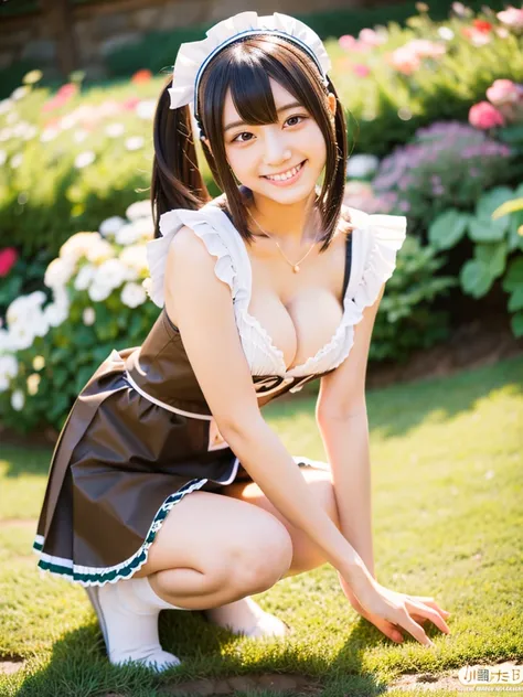 A 20-year-old maid with a cute face like an idol and a naughty personality　Smiling Kindly　Japanese maid cafe outfit　Maid clothes　mini skirt　Cosplay　Cleavage　Medium bust　garden　Crouching　Showing her panties　Showing her panties　RAW Photos　Natural light　Genui...