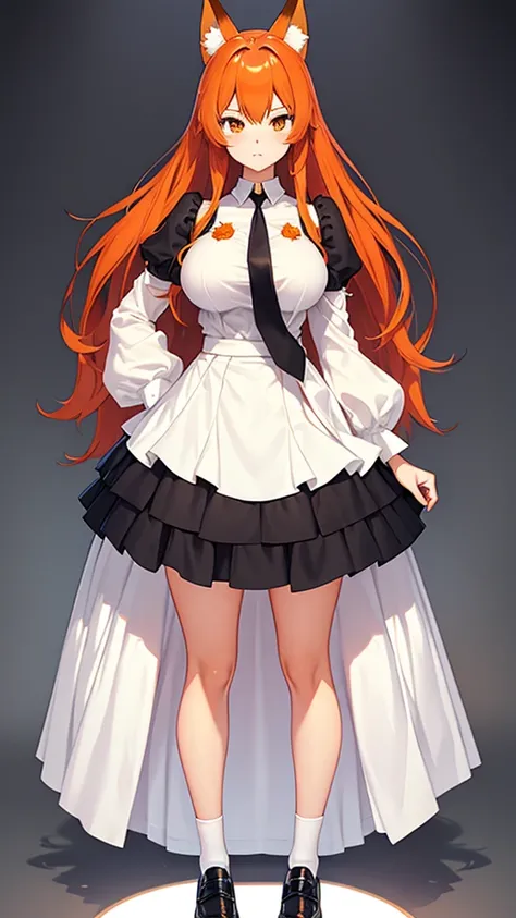 Standing full-length photo in anime style of a cute 20-year-old girl with long orange hair, fox ears. large, delicate body and large bust, wearing sexy  clothes, a loose white blouse, a slim orange tie, a short black skirt, white socks and black shoes. whi...