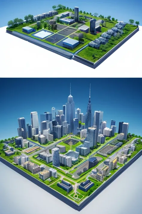 A three-dimensional blueprint of a city with connected ground