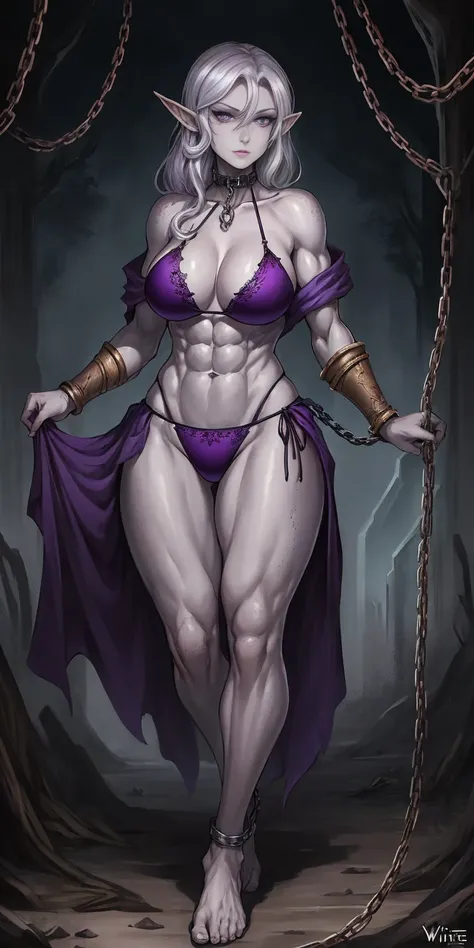 ((1woman)) standing full body, gray skin, drow, elf, 1 mature girl, purple eyes, by white, bikini, ABS, Large knockers, tattered rags, chain collar