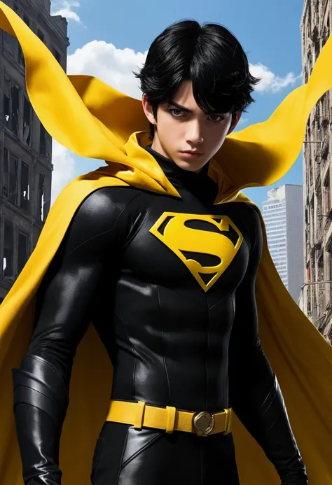 15 year old male with black hair and black eyes., He wears a black superhero costume resembling a spy outfit and has a tattered yellow cape., A shadowy aura appeared behind him., He climbed back up the building and watched the city crumble., anime, novel c...