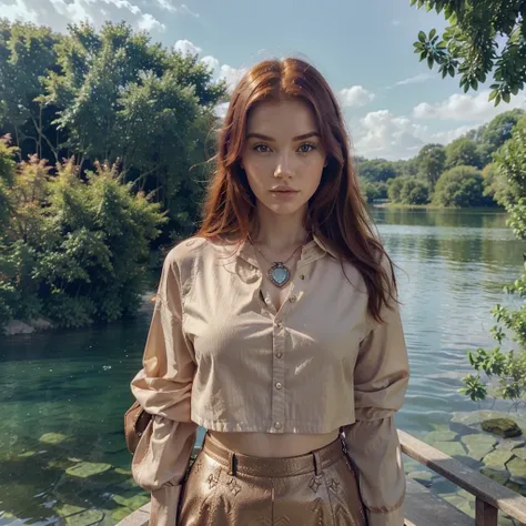 Gorgeous redhead woman with a wonderful face ,a magnificent outfit from the Louis Vuitton brand,magnificent Louis Vuitton jewelry and a lake background
