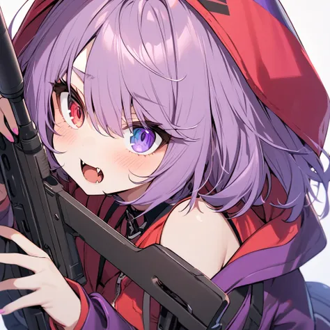 high resolution ,cute ,One Woman , Purple Hair, short hair , Fangs Beautiful Eyes ,Red and purple heterochromia ,♰Eyes and shoulders are protruding ,Jacket ,Possessing a sniper rifle