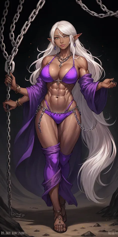 Appearance
Gender: Female
Age: Mature
Race: Drow (elf with dark skin and white hair)
Height: Full-body
Skin: Gray
Hair: White
Eyes: Purple
Attire: Bikini, revealing abdominal muscles
Accessories: Large earrings, ragged rags, chain necklace