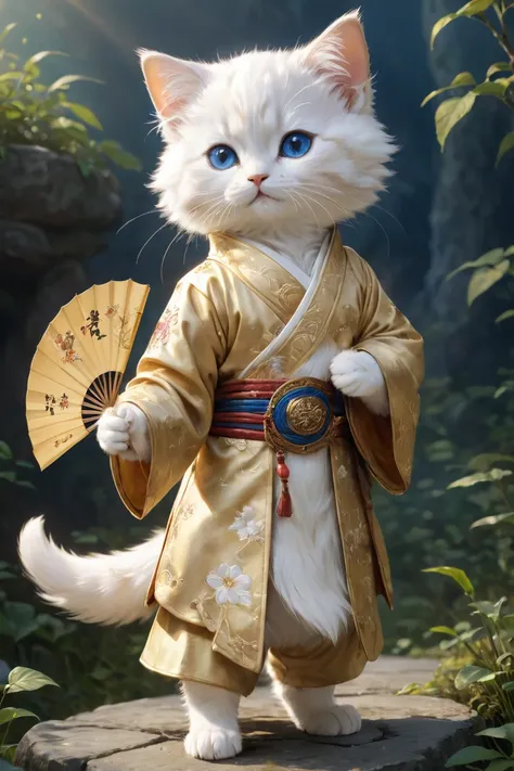 small, かわいいto be bornき物, Wearing golden Chinese clothing, Holding a fan, whole body, Are standing, Costumes, Fantasy art, Exquisite detail, Jean-Baptiste Monge Style, Alan Lee Style, Anthropomorphic blue-eyed white furry kitten, Movie Scenes, Dramatic shot...