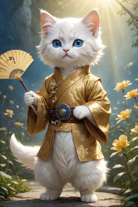 small, かわいいto be bornき物, Wearing golden Chinese clothing, Holding a fan, whole body, Are standing, Costumes, Fantasy art, Exquisite detail, Jean-Baptiste Monge Style, Alan Lee Style, Anthropomorphic blue-eyed white furry kitten, Movie Scenes, Dramatic shot...