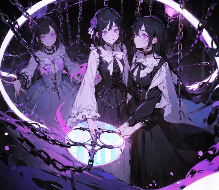 score_9, score_8_up, score_7_up, score_6_up, Character concept art of two twins holding hands, lolita fashion, split white and black hair, creepy smiles, purple eyes with abstract white shapes in them, surrounded by arcing chains and mirrors, high detail e...