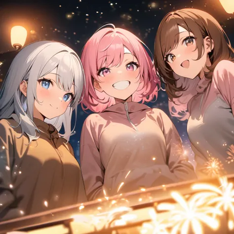 Highest quality, masterpiece, Three Girls,Brown Hair,Brown eyes,Double exposure,Silver Hair,Blue eyes,Pink Hair,Pink eyes, The best smile, Doing fireworks,Golden light particle effect