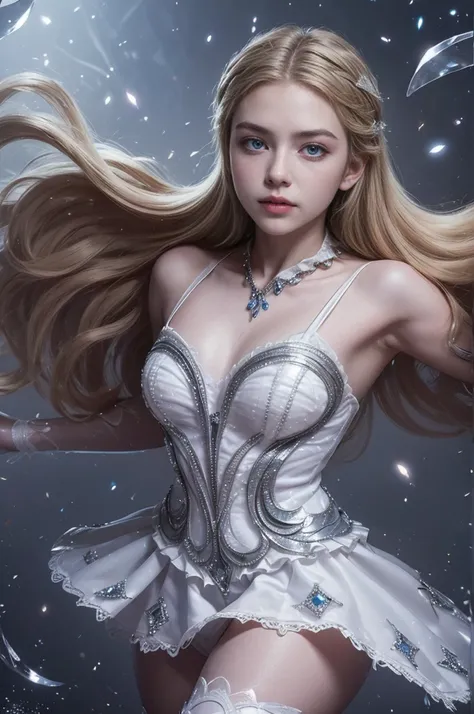 a beautiful young woman, Odette from Mobile Legends, elegant ballet dancer, long flowing white dress, graceful poses, enchanting blue eyes, delicate facial features, flowing silver hair, serene expression, glowing crystalline wings, ethereal and magical at...