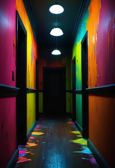 Faceless form looming in haunted hallway, Global illumination, Gorgeous splash of vibrant paint