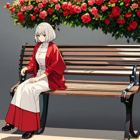 Light gray background, woman sitting on bench, silver hair, short hair, red flower