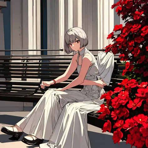 Light gray background, woman sitting on bench, silver hair, short hair, red flower