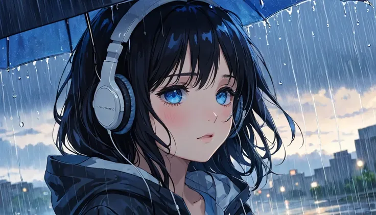 girl, Black Hair, blue eyes, simple , Under the Rain, The girl sadly turns her face to the sky, 夜のUnder the Rainで((Headphones))