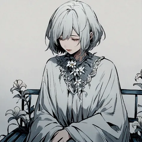 Light gray background Woman sitting on bench Silver hair Short hair Withered flowers