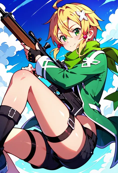 chinon from sword art online, (holding a rifle: 1.2), masterpiece, highest quality, high resolution, 1 girl, chinon 1, scarf, fi...