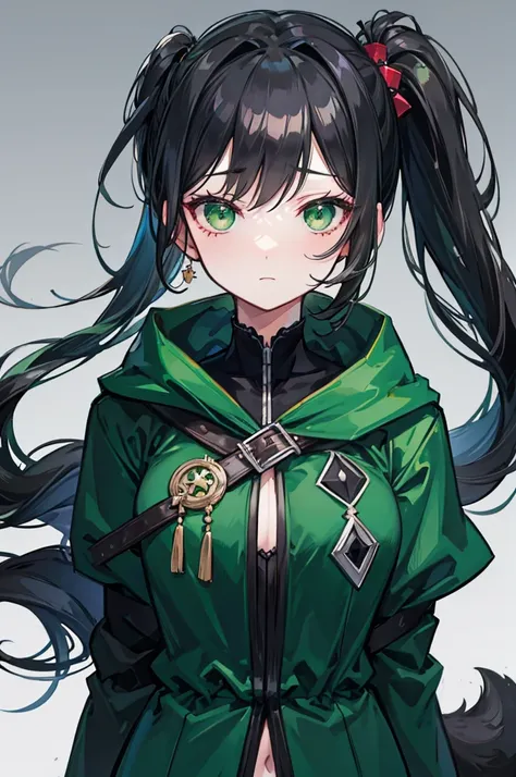 portrait, upper body face through torso, black hair, long wavy side ponytail, eromanga, half closed eyes, green eyes, boring face,dark green cloak, B cup