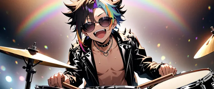 (((masterpiece,Highest quality))),(((A male anime character with a multi-colored, spiky hairstyle, sunglasses, and a somewhat revealing patent leather jacket and Visual Kei outfit.))),((Wearing a small hat at an angle)),(((Sitting at the drum set and playi...