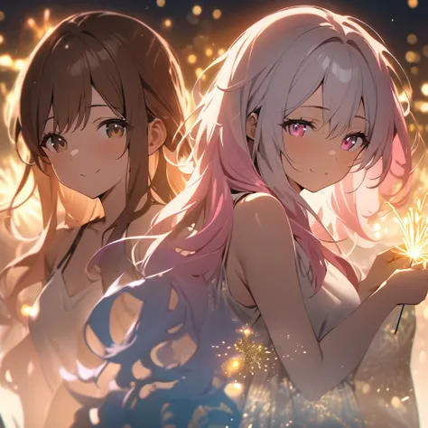 Highest quality, masterpiece, Three Girls,Brown Hair,Brown eyes,Double exposure,Silver Hair,,Long Hair,Blue eyes,Pink Hair,Pink eyes, The best smile, Doing fireworks,Golden light particle effect,summer