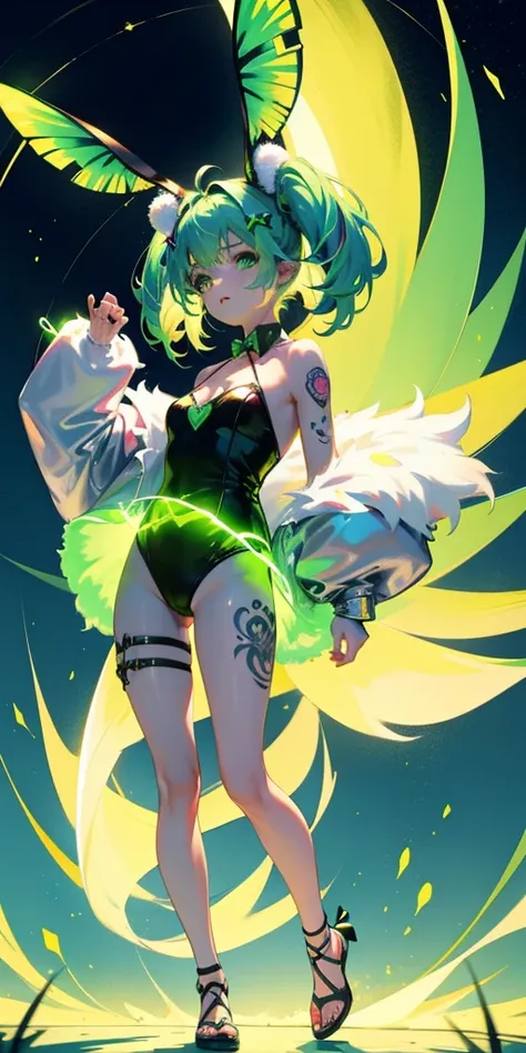 Rabbit technique , Science Fiction, Fluffy , 
1 girl, Tattoo, Glowing tattoo, Glowing eyes, Colorful glowing hair , Full body love, Green Hair,
  Kawaiitech, Soft colors, Kawaii, Lovely colors,