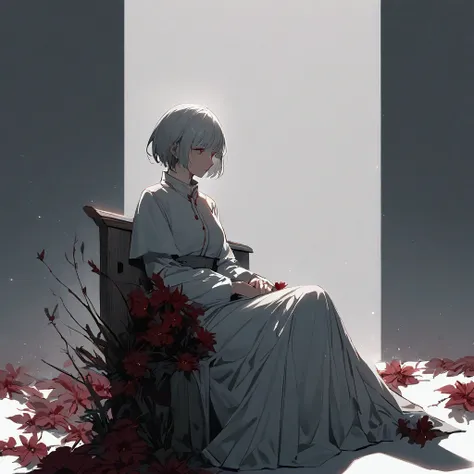 Light gray background, woman sitting on bench, silver hair, short hair, withered red flower