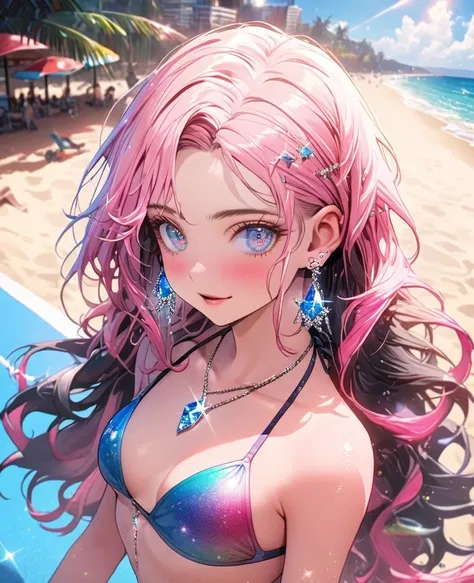 8K,gal，an extremely delicate and beautiful,Beautiful and realistic skin,Shiny jewel-like earrings,Shine like glitter long colorful hair,beautiful eyes,bikini,beach volleyball,pink ball,beautiful beach,glitter background