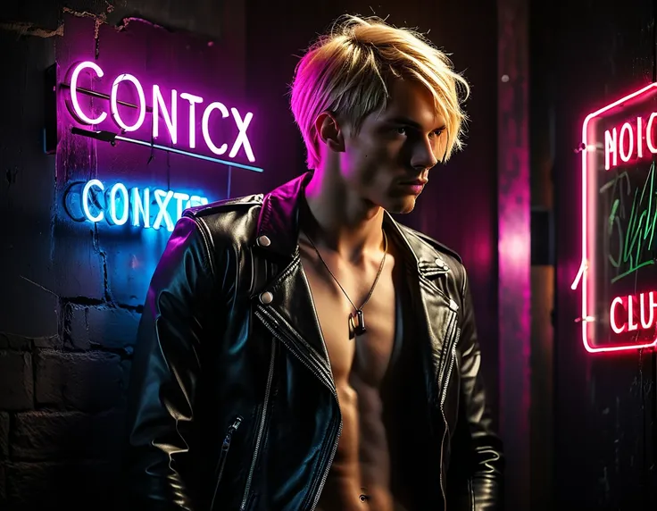 Photorealistic, dark vibes, solo, young man, portrait, 22 years, pale skin, model (skinny:1.3), (short messy blond hair:1.5), (black leather jacket:1.3), holding knife, dark lighting, foreboding, sexy, (neon sign that says:"CONTEXT":1.8), night club settin...