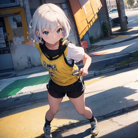 masterpiece, Highest quality, (Highly detailed CG Unity 8k wallpaper) (Highest quality), (Best illustrations), Best Shadow, (Girl Skateboarding: 1.3), 13 years old, cute, Short white hair, cap, Sweet cool, Eye-catching details, (Color Flight Suits), fashio...