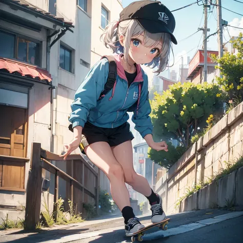 masterpiece, Highest quality, (Highly detailed CG Unity 8k wallpaper) (Highest quality), (Best illustrations), Best Shadow, (Girl Skateboarding: 1.3), 13 years old, cute, Short white hair, cap, Sweet cool, Eye-catching details, (Color Flight Suits), fashio...