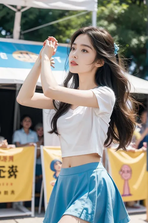 (((best quality))), (((ultra detailed))), (((masterpiece))), illustration,((a beautiful girl,solo)),((slim,thin)),((small breasts,flat chest,claviclis,navel)),(blue short-sleeved white T-shirt:1.3),(blue mini-skirt:1.3),(slender legs:1.2),dancing,((on a st...