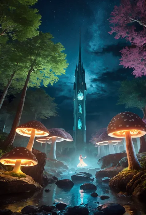 
    "A magical forest with glowing mushrooms and fairies dancing among the trees"
    "A surreal landscape with floating islands and crystal waterfalls"
    "A dreamlike cityscape with towering spires and glowing neon lights"
