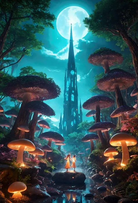 
    "A magical forest with glowing mushrooms and fairies dancing among the trees"
    "A surreal landscape with floating islands and crystal waterfalls"
    "A dreamlike cityscape with towering spires and glowing neon lights"
