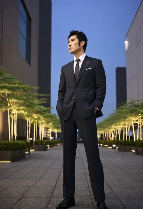 masterpiece,better_quality,1 Japanese man,by the blocks,Business suit,outdoor,urban landscape,evening,dramatic angle