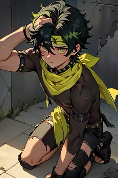 boy　Embarrassing　suffer　thin　Black Hair　juvenile　Upper body naked　Embarrassing　Green Eyes　Yellow Eyes　Bangs hanging over the eyes　Are thin　large delicate eyes　Thin legs　((Fine details)), Best Shadow,Cinema Lighting,Highest quality,((Very detailed))　masterp...